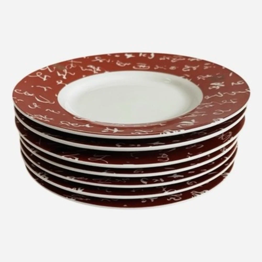 7pc Japanese Kana Calligraphy Ceramic Saucer Plate Set Red White 6.25